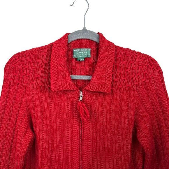 Vintage Lauren Ralph Lauren Hand Knit Red Zip Cardigan Sweater, 2P - Picture 4 of 12